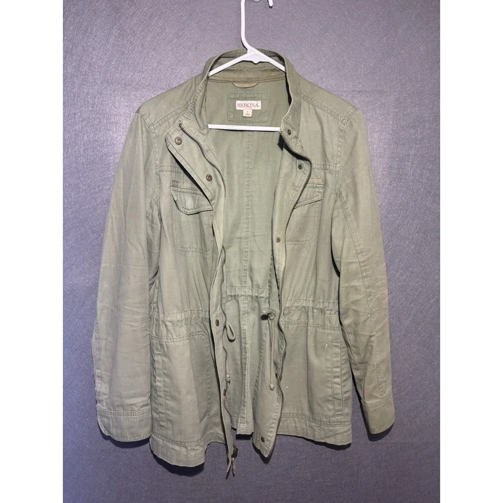 Merona Jacket Women's  L Olive Green Cargo Utility Snap Front and Zipper - Picture 7 of 16